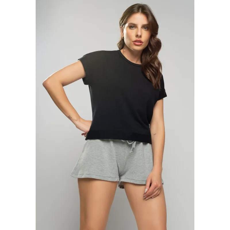 Blusa Barra Avesso Manga Curta Malha Comfort Preta Salvatore Tamanho P