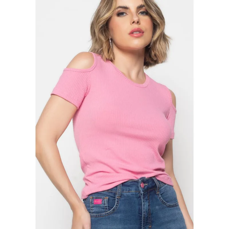 Blusa Canelada Manga Curta Ombro Vazado Rosa Salvatore Tamanho M
