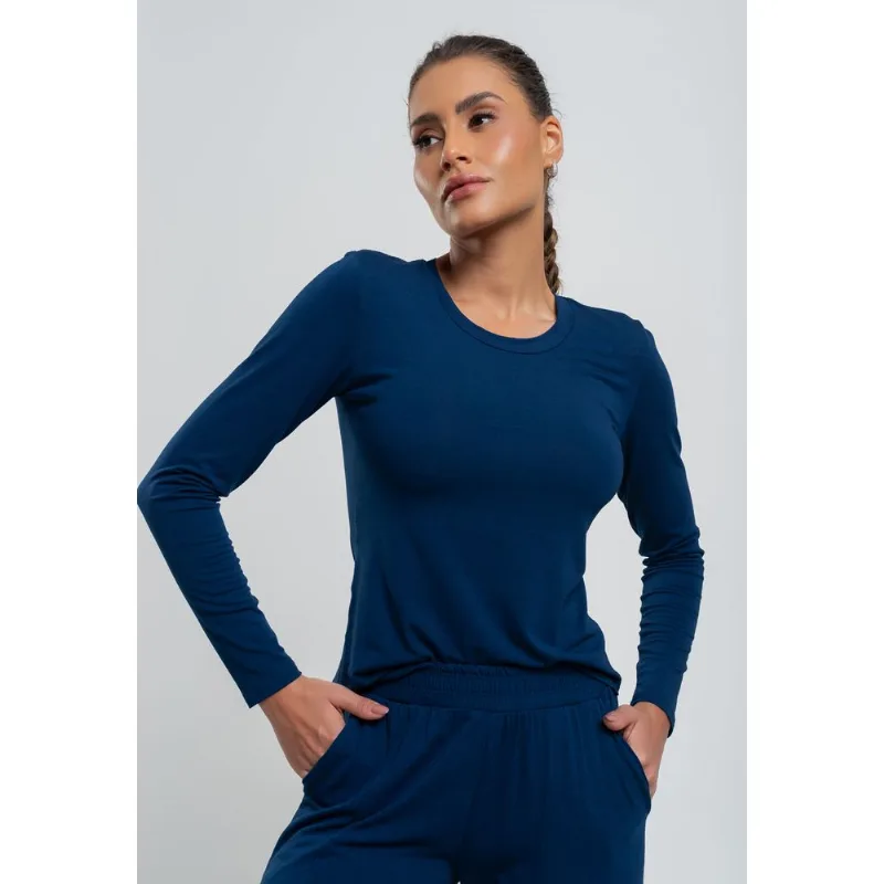 Blusa Básica Manga Longa e Gola Redonda Malha Azul Salvatore Tamanho G