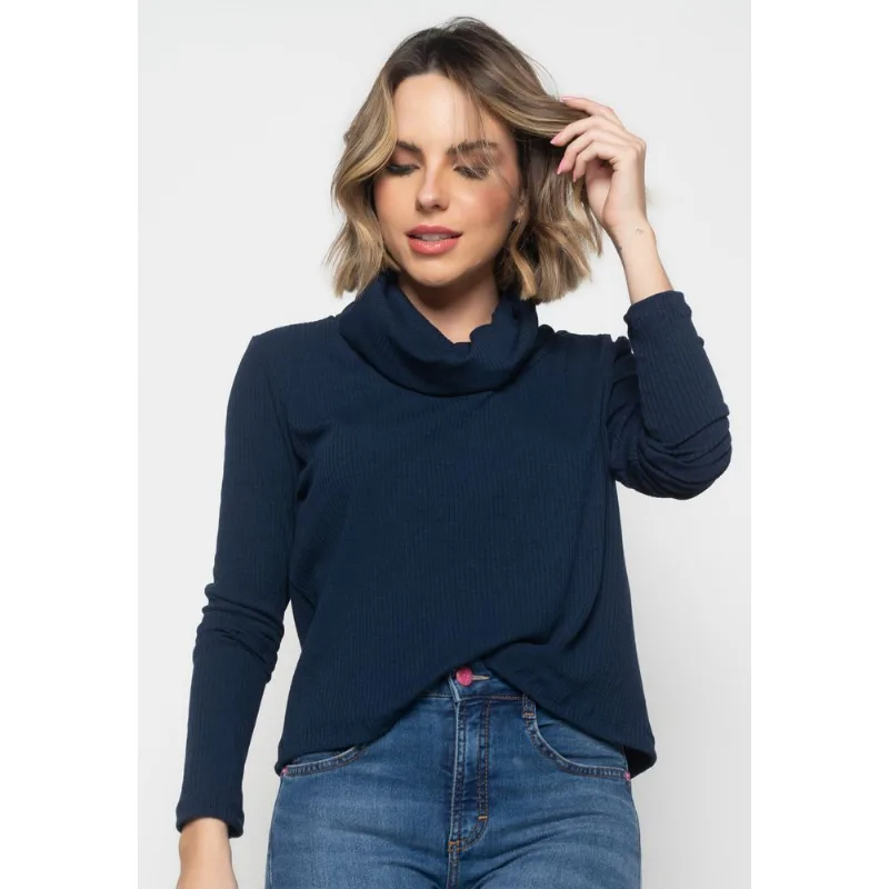 Blusa Golão Manga Longa Canelada Azul Salvatore Tamanho M