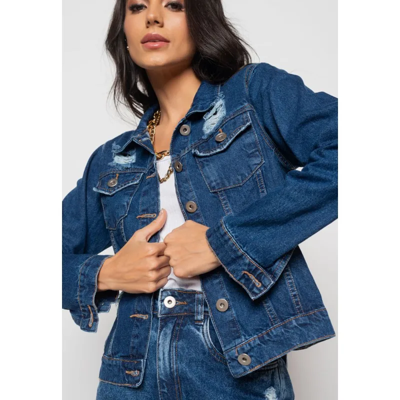 Jaqueta Jeans Escura Com Rasgos Salvatore Tamanho M