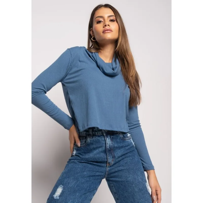 Blusa Golão Manga Longa Canelada Azul Jeans Salvatore Tamanho M
