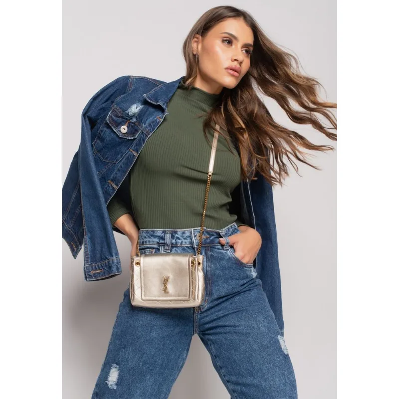 Blusa Gola Alta Manga Longa Malha Canelada Verde Salvatore Tamanho G