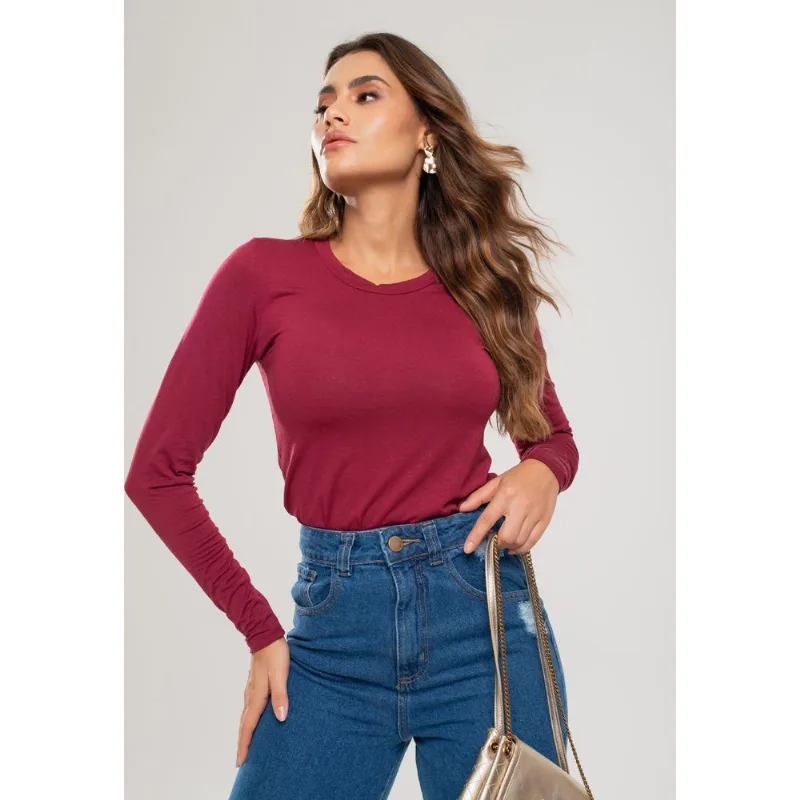 Blusa Básica Manga Longa e Gola Redonda Malha Vinho Salvatore Tamanho M