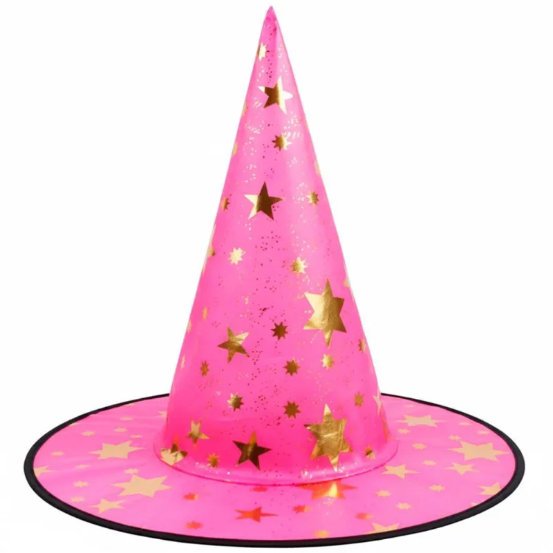 Chapéu Halloween Bruxa e Mago Com Estrelas Douradas Pink
