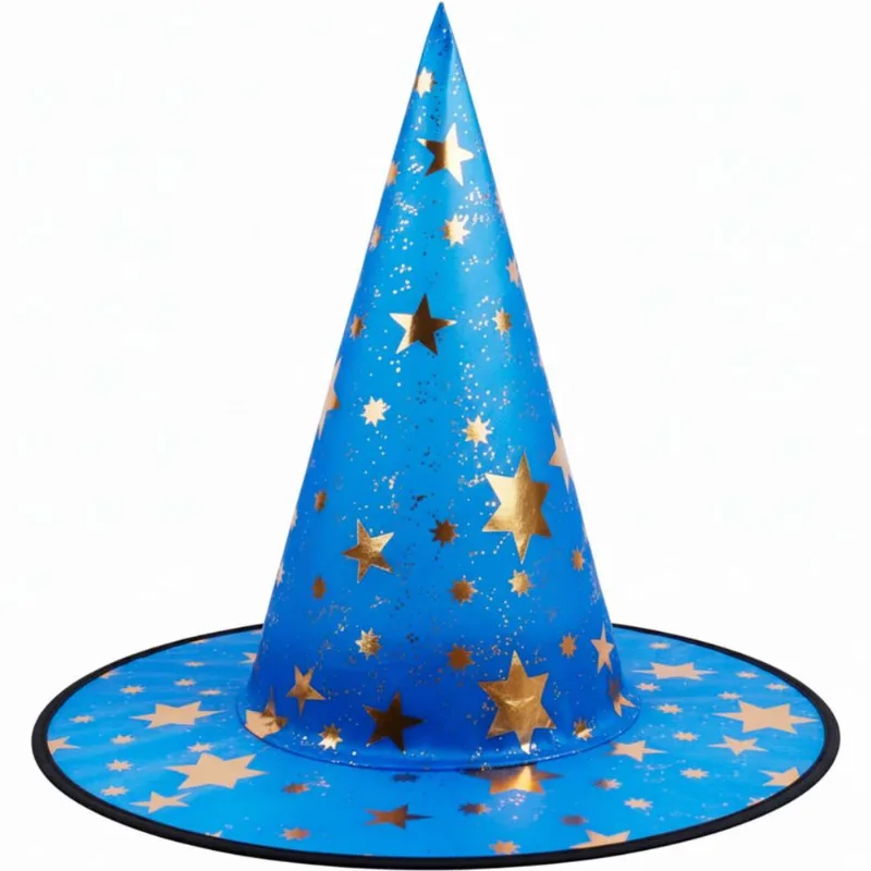 Chapéu Halloween Bruxa e Mago Com Estrelas Douradas Azul