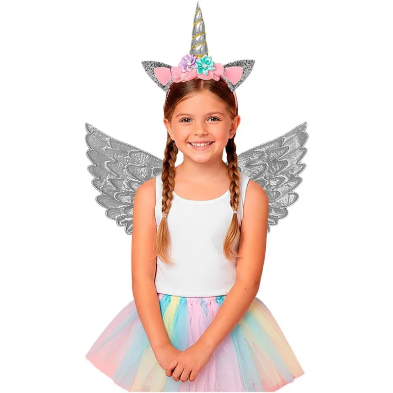Kit Unicórnio Infantil Acessório Carnaval Barato Asa + Tiara Prata