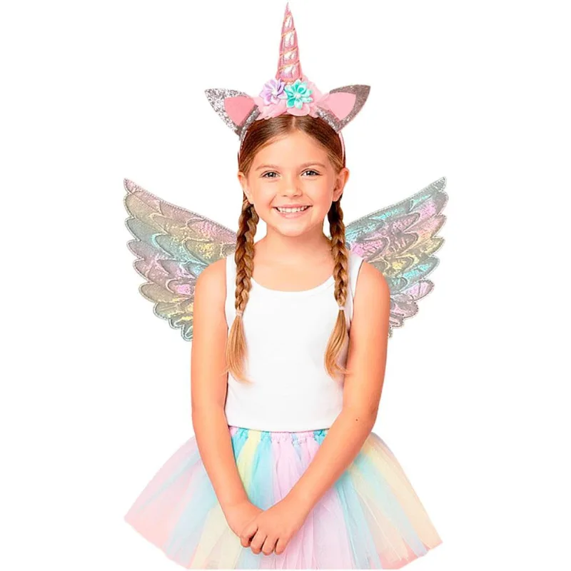 Kit Unicórnio Infantil Acessório Carnaval Barato Asa + Tiara Colorido