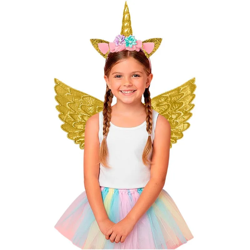 Kit Unicórnio Infantil Acessório Carnaval Barato Asa + Tiara Dourado