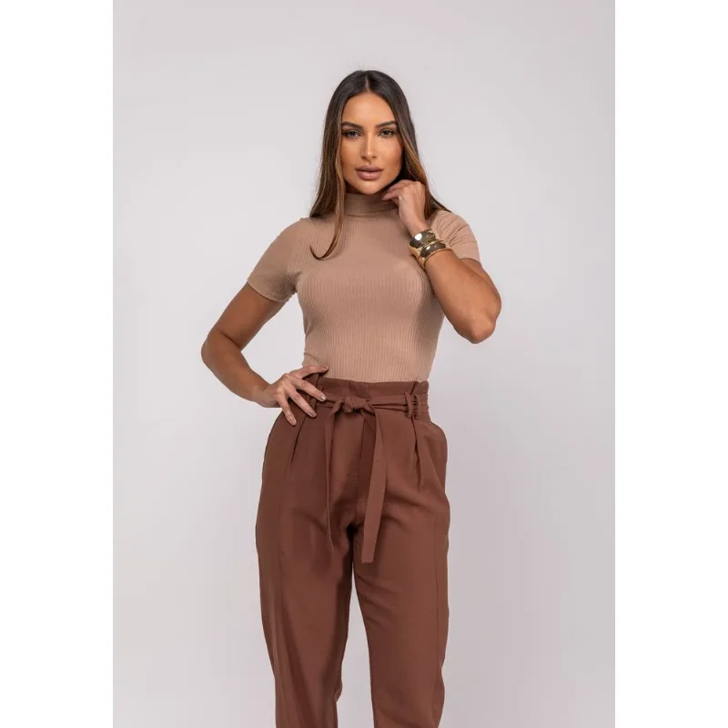 Blusa Gola Alta Malha Canelada Marrom Salvatore Tamanho M