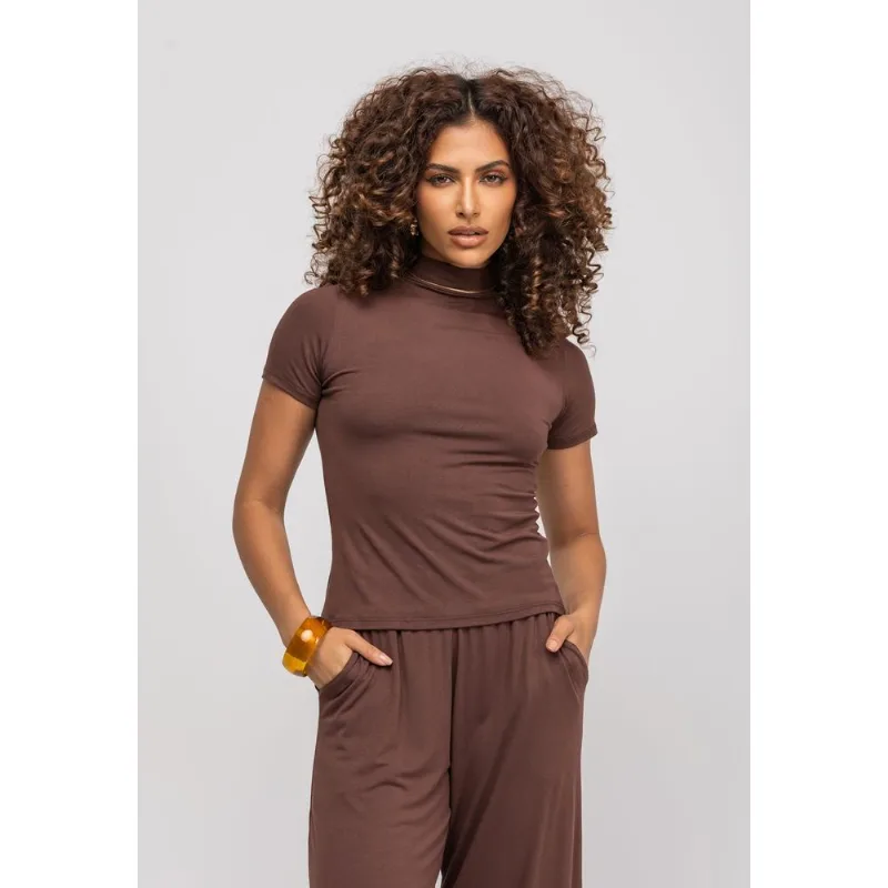 Blusa Gola Alta Manga Curta Malha Marrom Salvatore Tamanho M