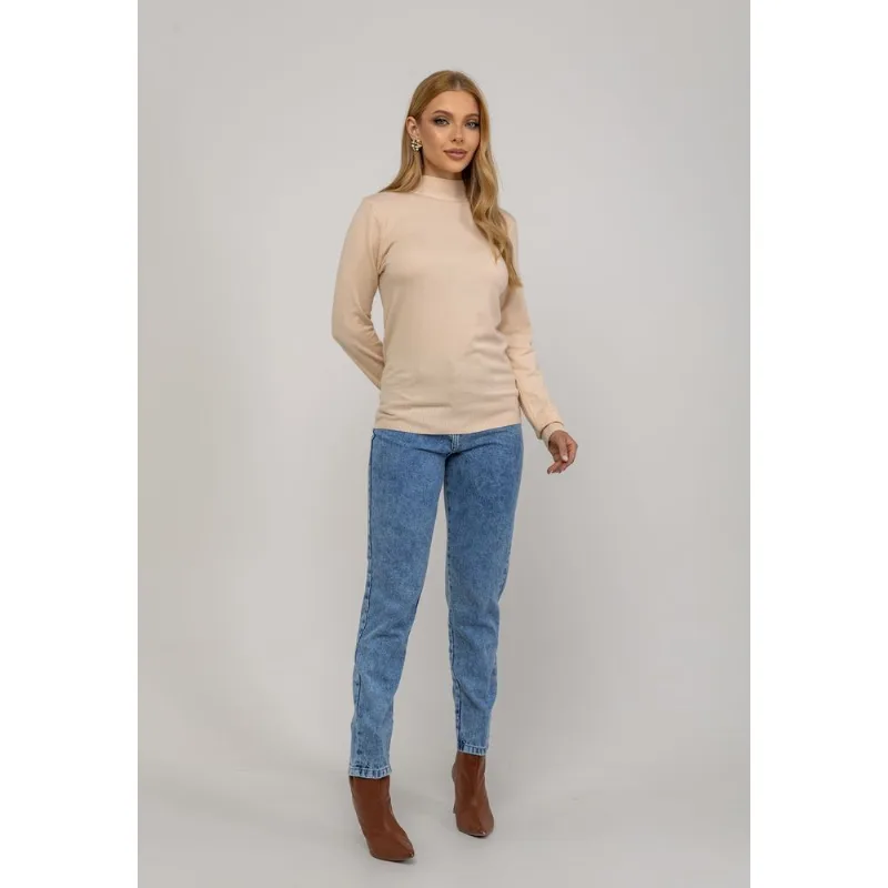 Blusa Feminina Tricot Gola Alta Manga Longa Lisa Bege Salvatore Tamanho P
