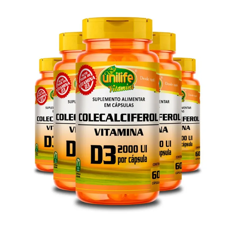 Kit 5 Vitamina D3 2000 UI Colecalciferol Unilife 60 Cápsulas