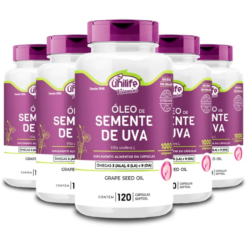 Kit 5 Óleo de Semente de Uva Unilife 120 Cápsulas 1000mg