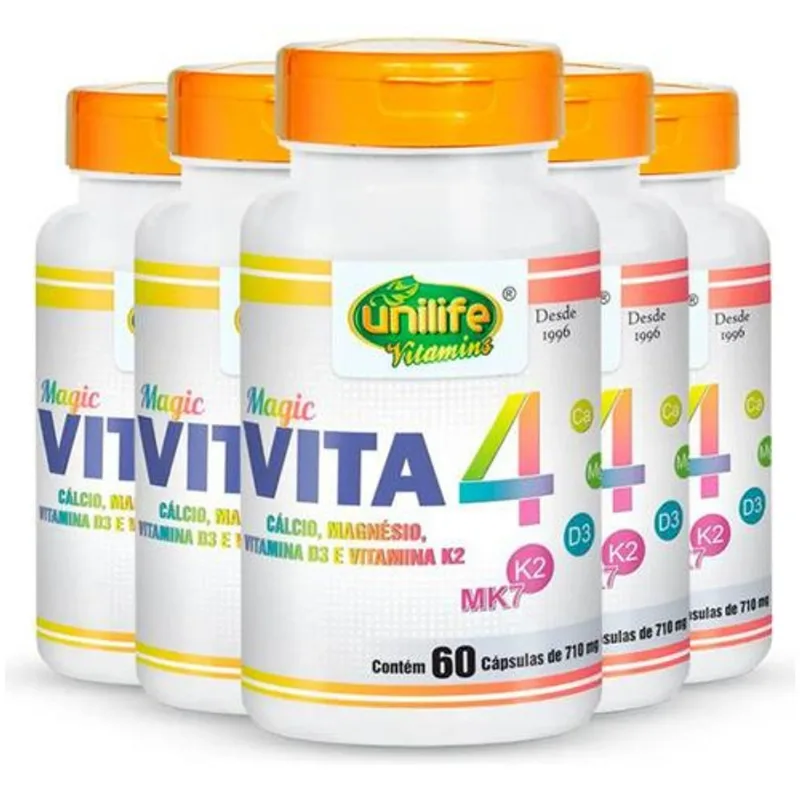 Kit 5 Vita 4 Cálcio Magnésio D K2 Unilife 60 Caps