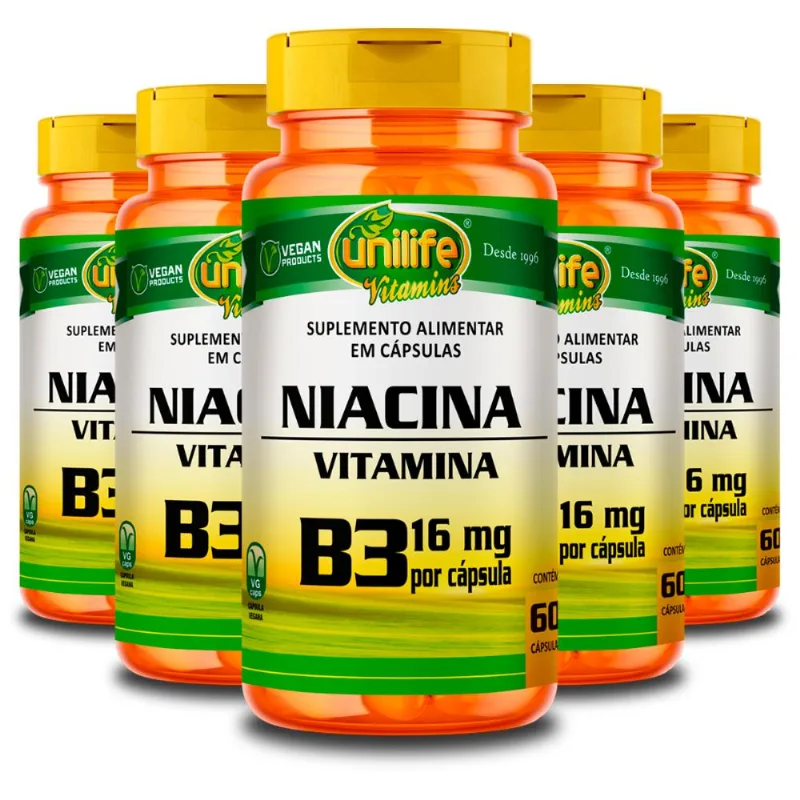 Kit 5 Vitamina B3 Niacina Unilife 60 Cápsulas