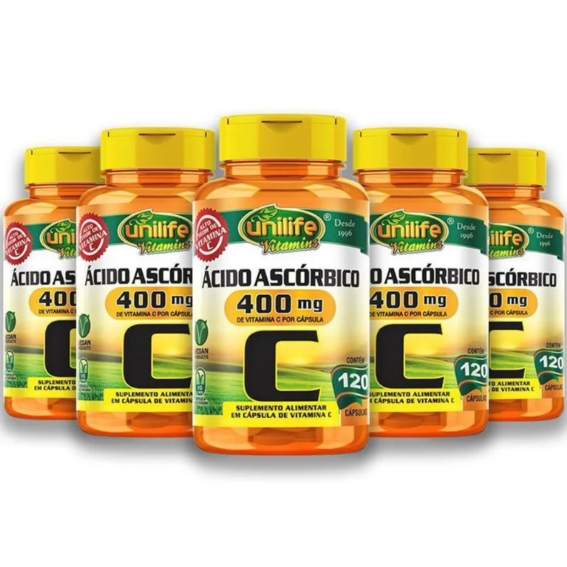 Kit 5 Vitamina C Ácido Ascórbico Unilife 120 Caps Veganas
