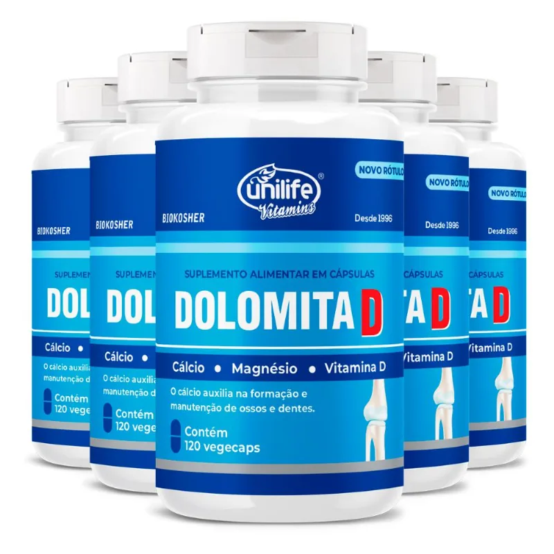 Kit 5 Dolomita com Vitamina D Unilife 120 Cápsulas