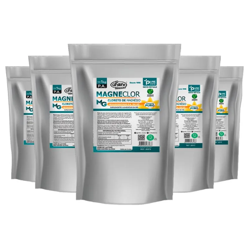 Kit 5 Magneclor Cloreto de Magnésio P.A Unilife 1kg