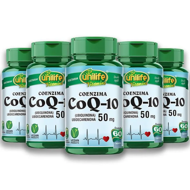 Kit 5 Coenzima CoQ-10 - 50mg Unilife 60 Capsulas Veganas