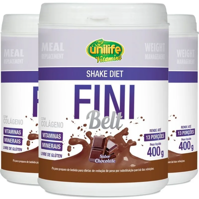 Kit 3 Shake Diet com Colágeno Fini Belt Unilife 400g Chocolate