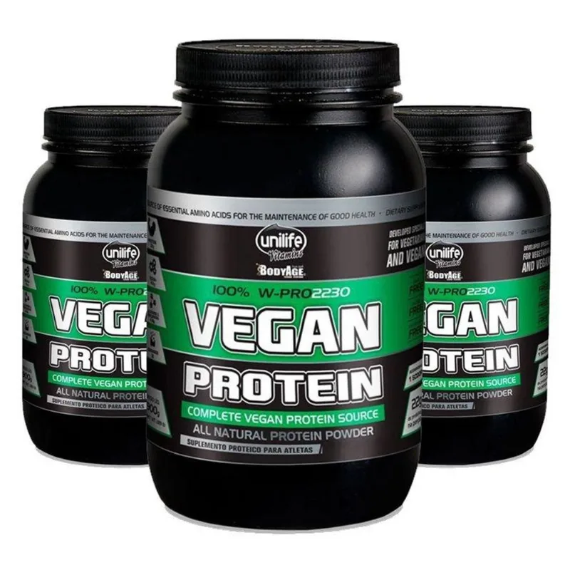 Kit 3 Vegan Protein 900g Proteína vegetal Unilife Morango