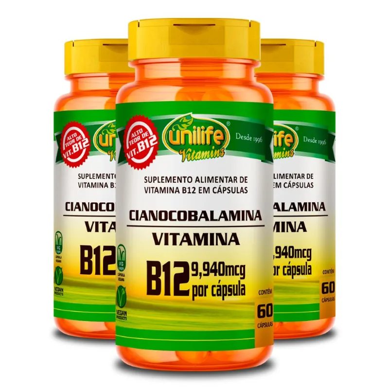 Kit 3 Vitamina B12 Cianocobalamina Unilife 60 cápsulas