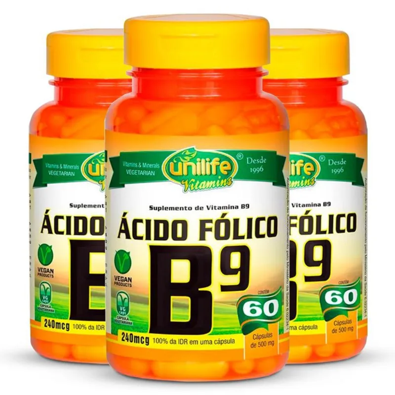 Kit 3 Vitamina B9 Ácido Fólico 60 cápsulas Unilife