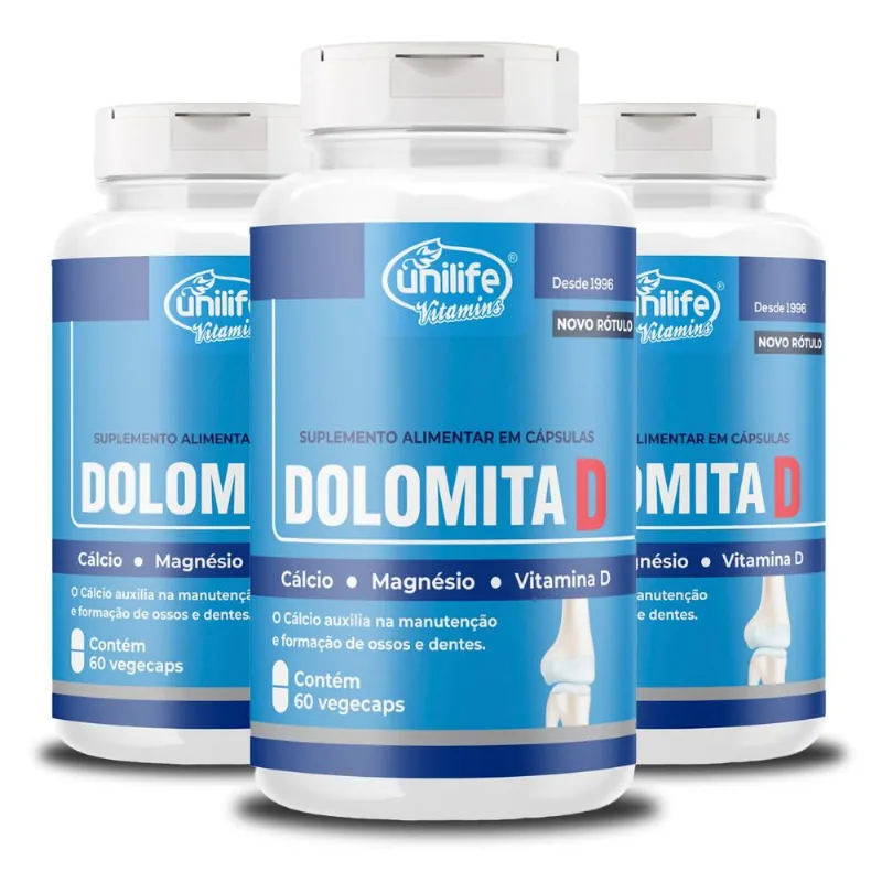 Kit 3 Dolomita com Vitamina D 60 cápsulas Unilife