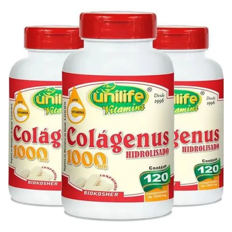 Kit 3 Colágenus Hidrolisado 1000mg Unilife 120 Comprimidos