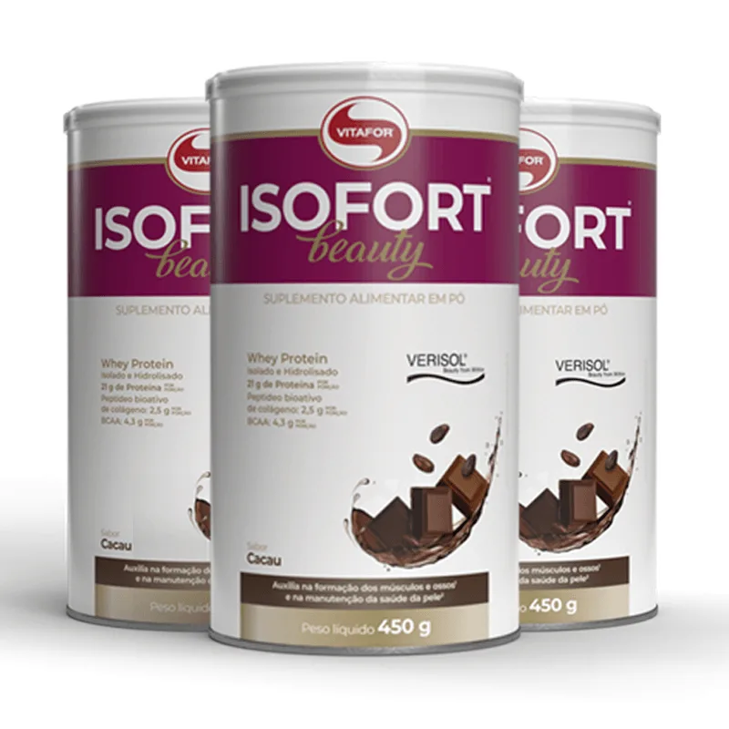 Kit 3 Isofort Beauty Whey Protein Isolado Vitafor 450g Cacau - Vitafor