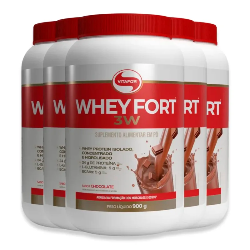 Kit 5 Whey Fort 3W Vitafor 900g Chocolate - Vitafor - Whey Protein