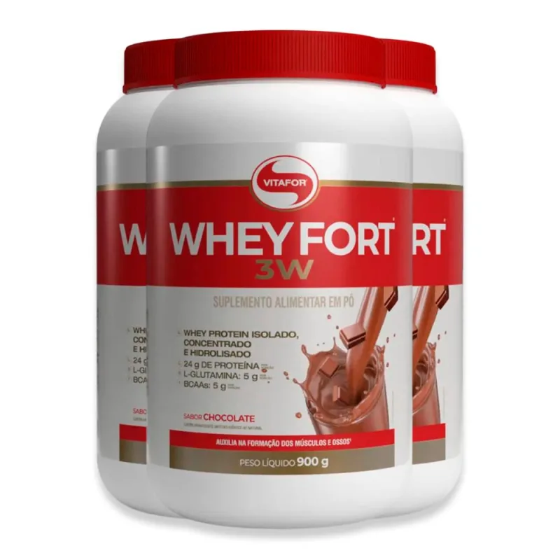 Kit 3 Whey Fort 3W Vitafor 900g Chocolate - Vitafor