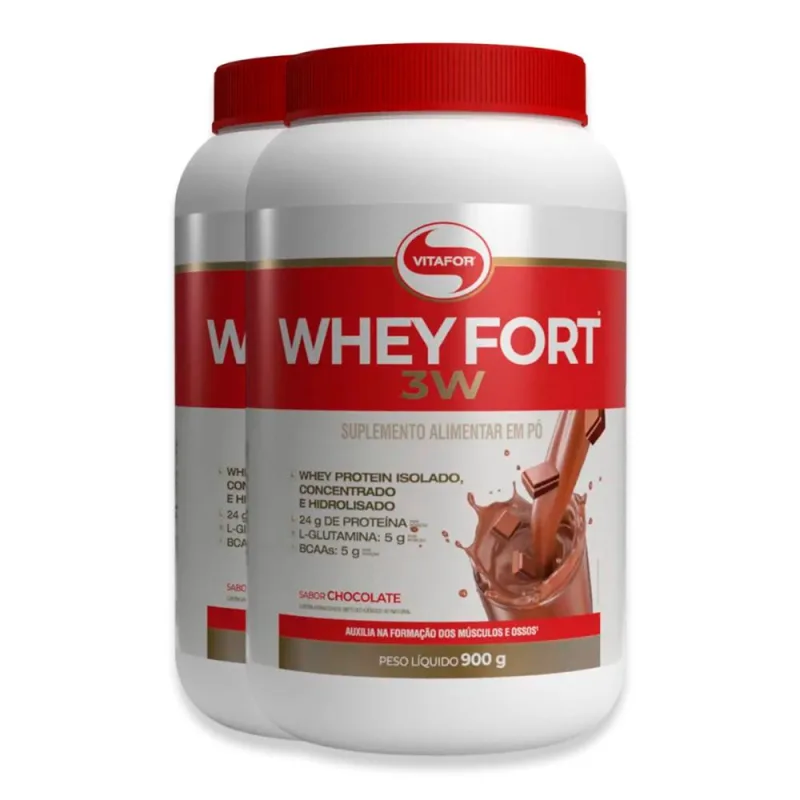 Kit 2 Whey Fort 3W Vitafor 900g Chocolate - Vitafor - Whey Protein