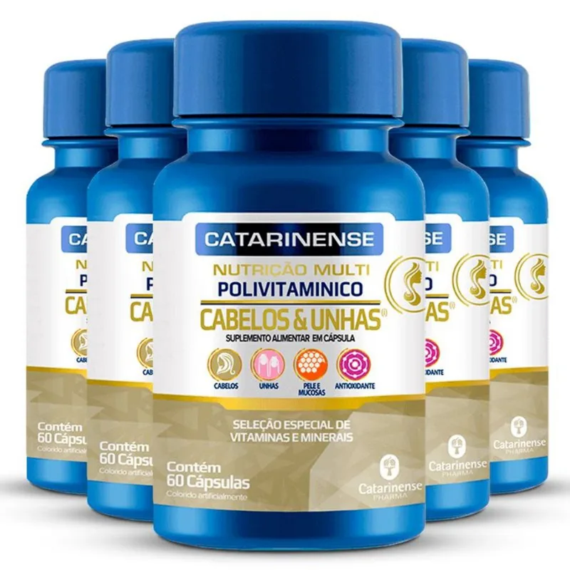 Kit 5 Polivitamínico Cabelos e Unhas Catarinense 60 Cápsulas