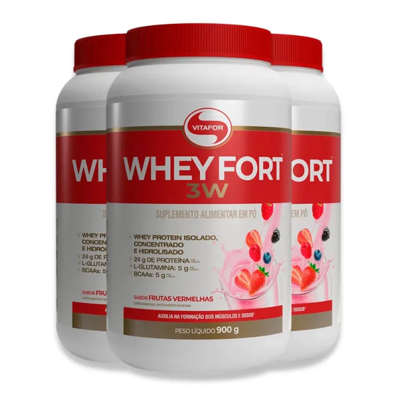 Kit 3 Whey Fort 3W Vitafor Frutas Vermelhas 900g - Vitafor - Whey Protein