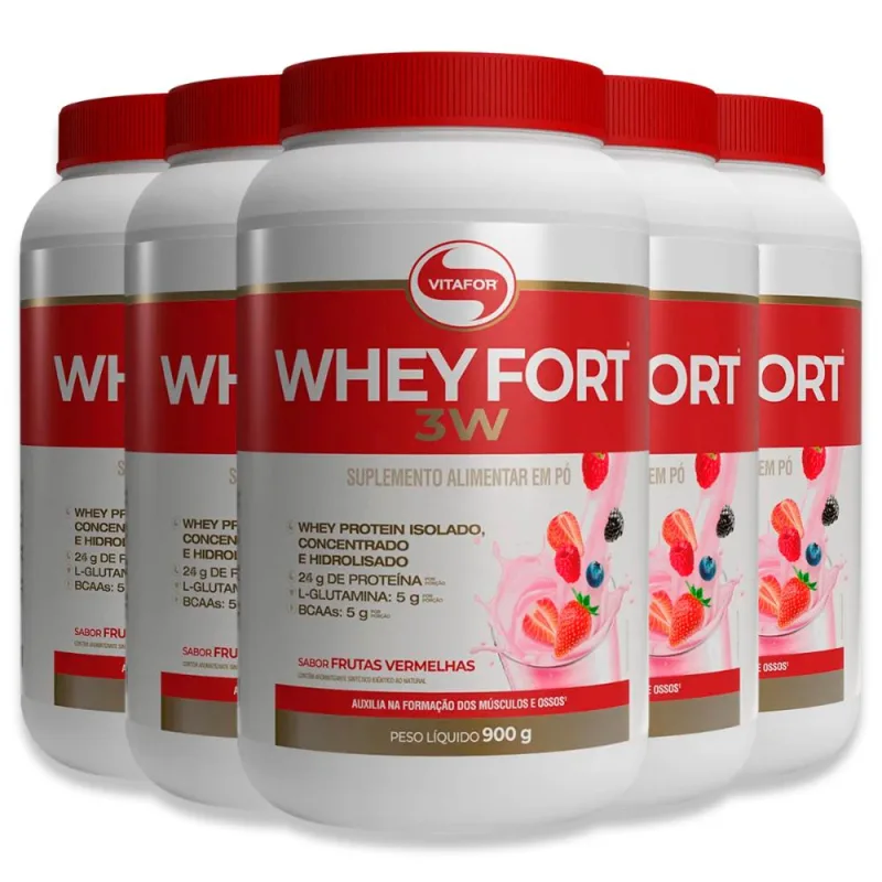 Kit 5 Whey Fort 3W Vitafor Frutas Vermelhas 900g - Vitafor - Whey Protein