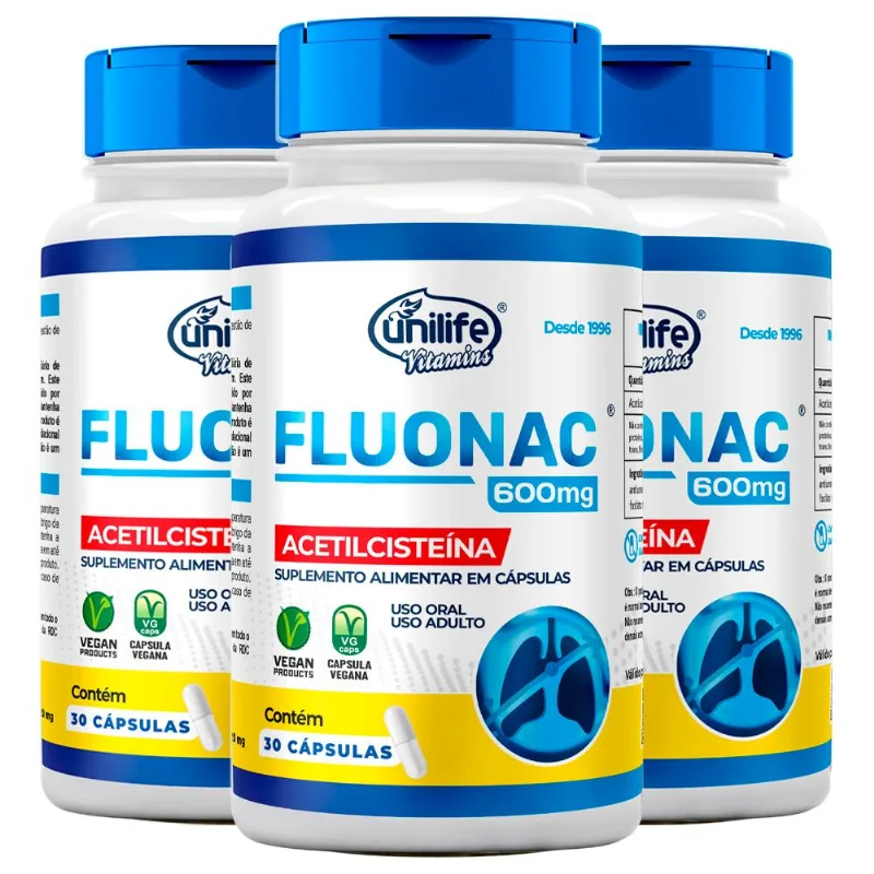 Kit 3 Fluonac Acetilcisteína Unilife 30 cápsulas