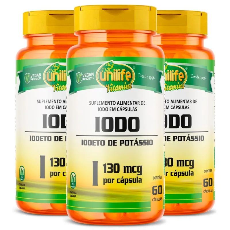 Kit 3 Iodo Iodeto de Potássio Unilife 60 cápsulas