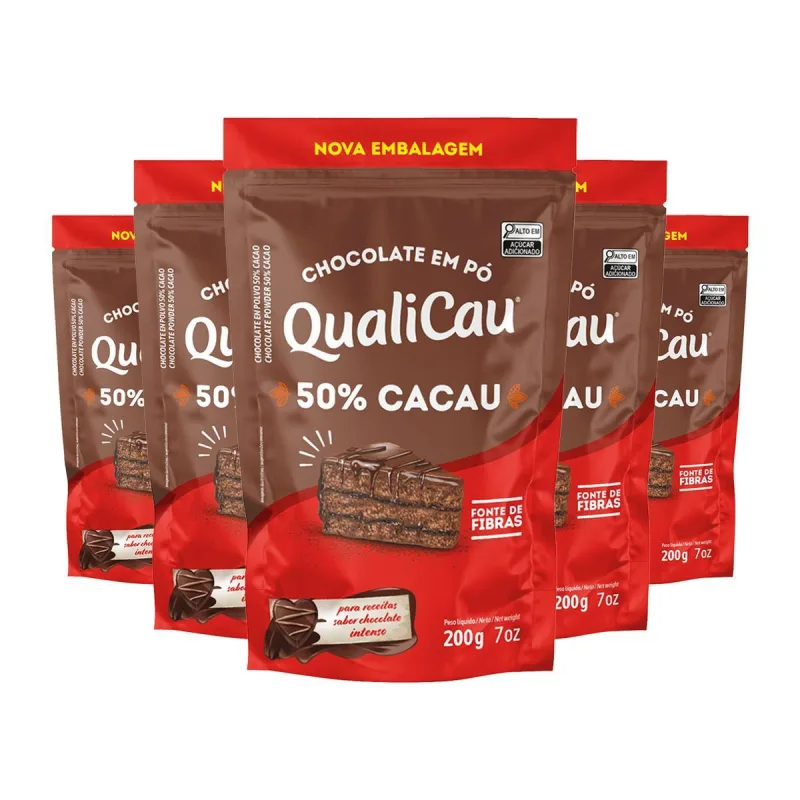 Kit 5 Chocolate Em Pó 50% Qualicau 200g - Não Informado