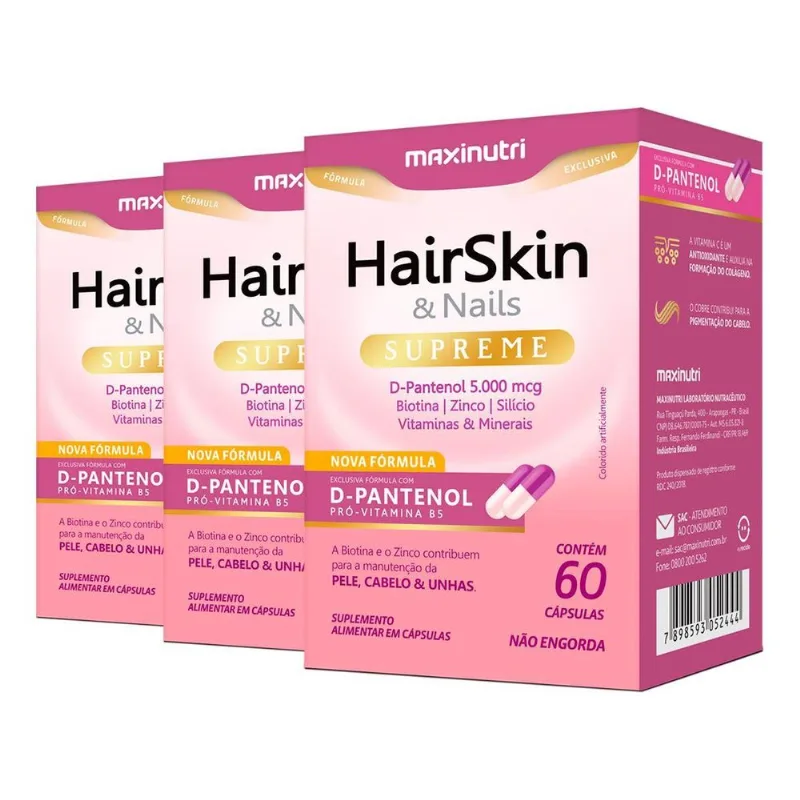 Kit 3 Hairskin &amp; Nails Supreme Maxinutri 60 Cápsulas