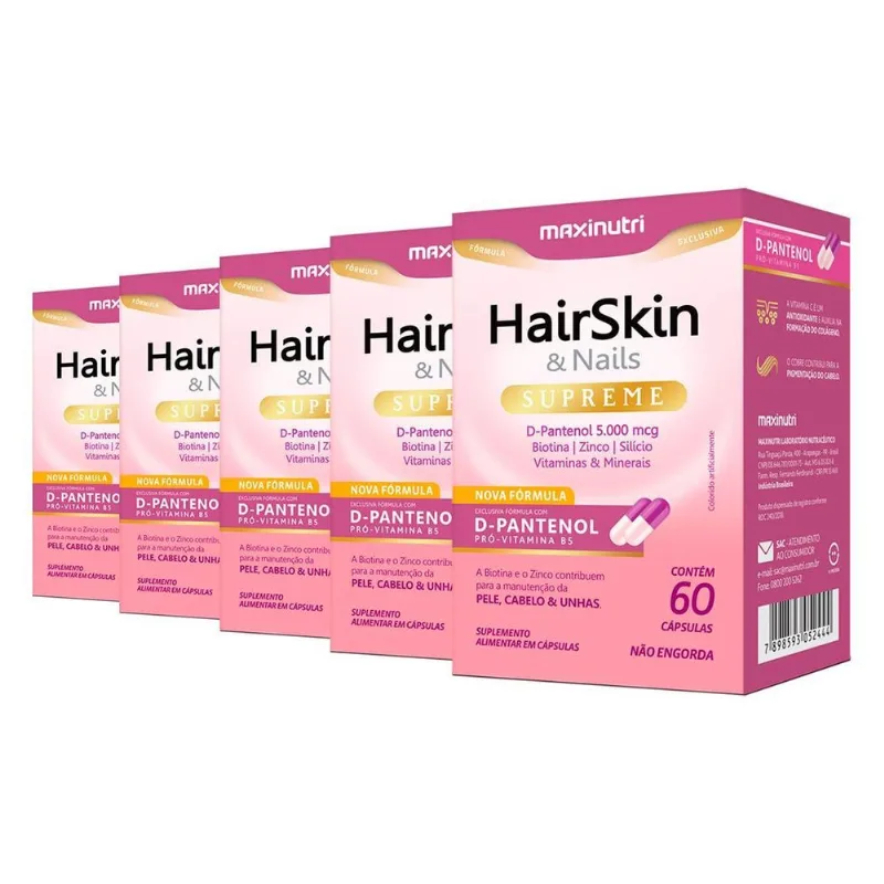 Kit 5 Hairskin &amp; Nails Supreme Maxinutri 60 Cápsulas