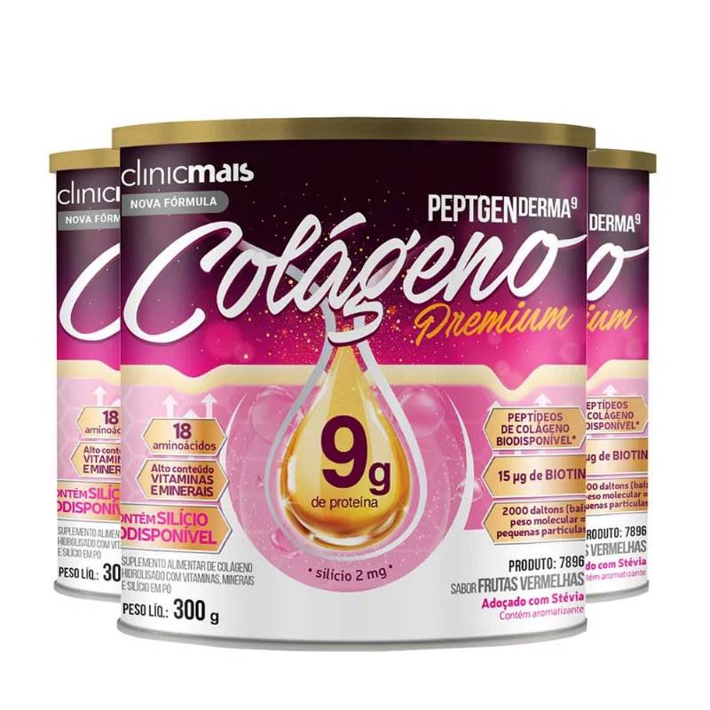 Kit 3 Colágeno Peptgenderma Clinicmais 300g Frutas Vermelhas