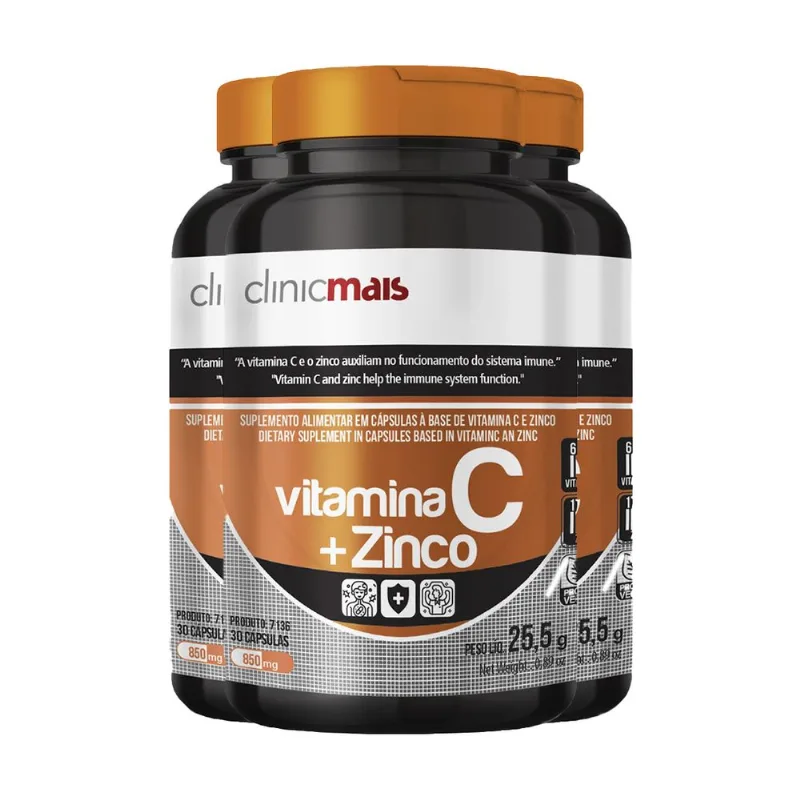 Kit 3 Vitamina C + Zinco Vegano 850mg ClinicMais 30 Cápsulas