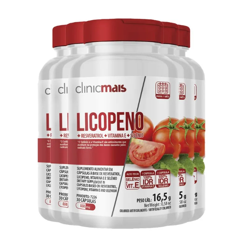 Kit 5 Licopeno 550mg ClinicMais 30 Cápsulas