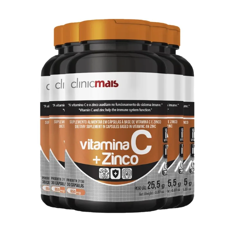 Kit 5 Vitamina C + Zinco Vegano 850mg ClinicMais 30 Cápsulas