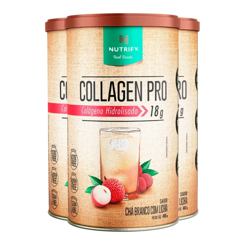 Kit 3 Collagen Pro Colágeno Hidrolisado Chá Branco com Lichia Nutrify 450g - NUTRIFY