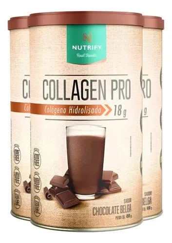 Kit 3 Collagen Pro Colágeno Hidrolisado Chocolate Belga Nutrify 450g - NUTRIFY - Colágeno