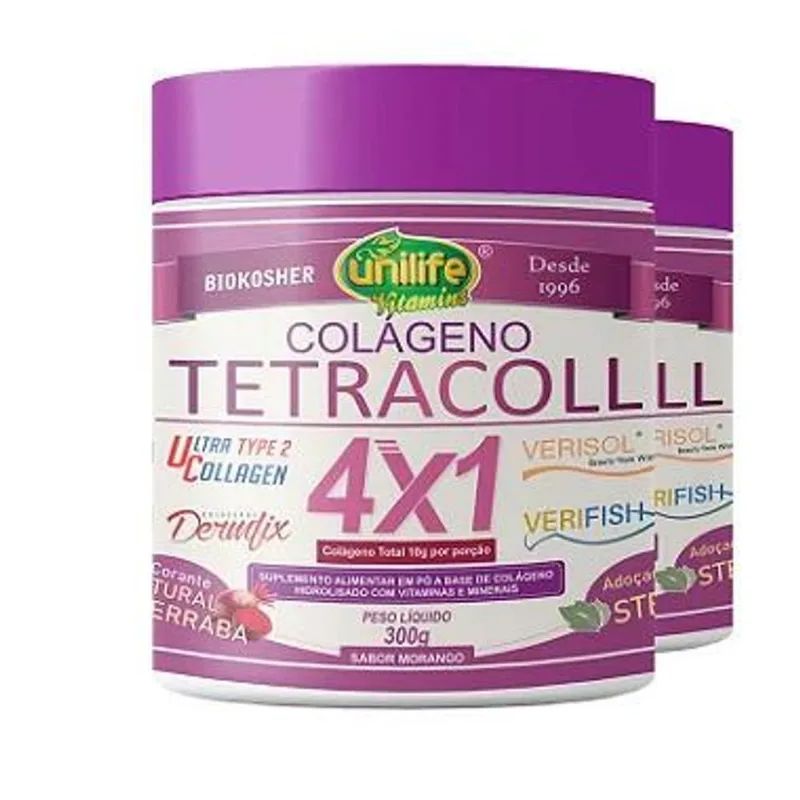 Kit 2 Colágeno 4 em 1 Tetracoll Unilife 300g Morango