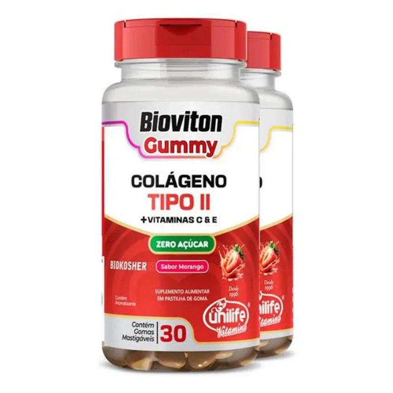 Kit 2 Gummy Colágeno Tipo II Morango Unilife 30 gomas